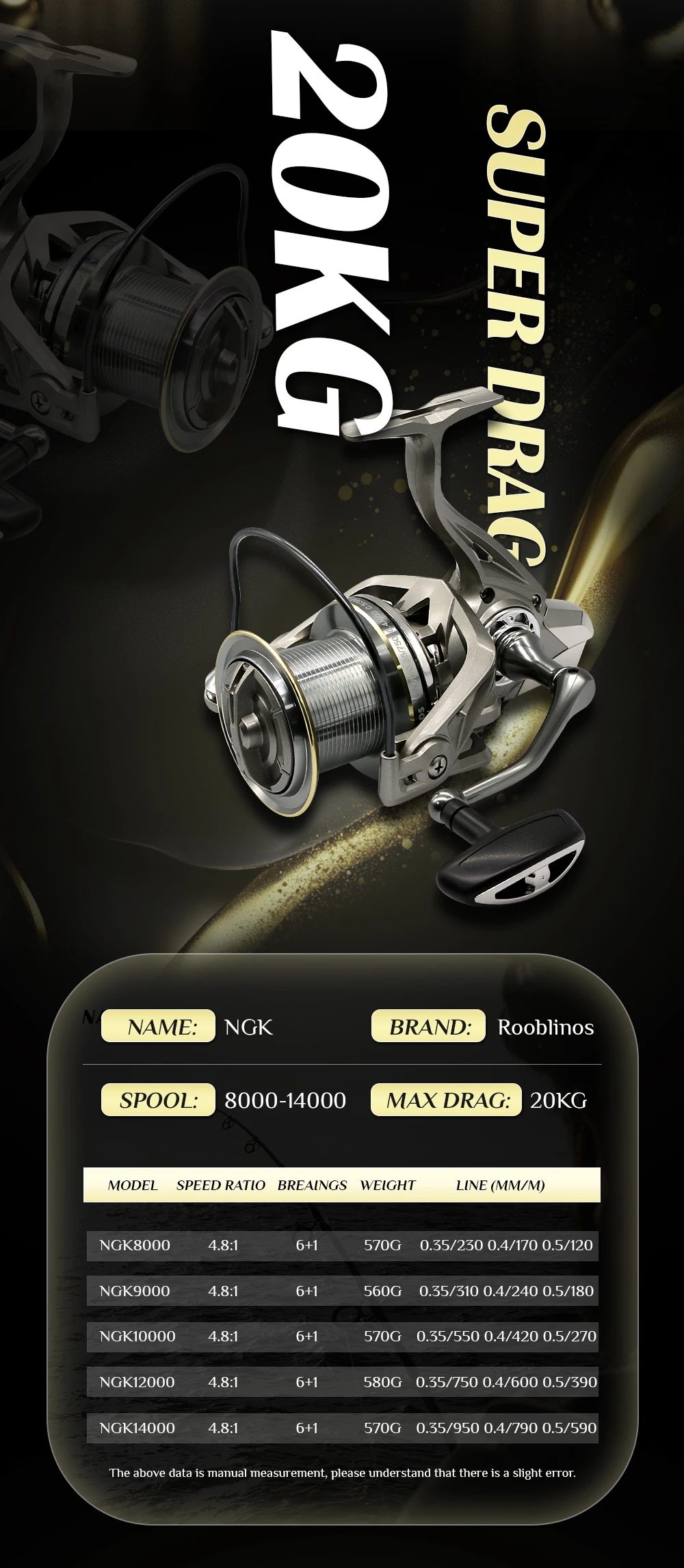 Rooblinos Stainless Steel Bearing Spinning Fishing Reel 8000 9000 10000 12000 14000 25KG Powerful Reel Saltwater Fresh Water