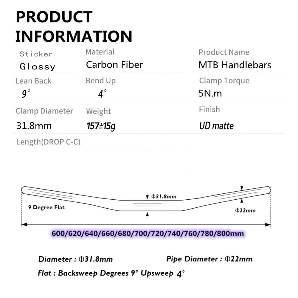 SPEED carbon handlebar 31.8mm * 600-800MM Carbon Mountain Bike Bicycle Handle Bar UD Matte MTB Handlebar 4 upsweep 9 backsweep