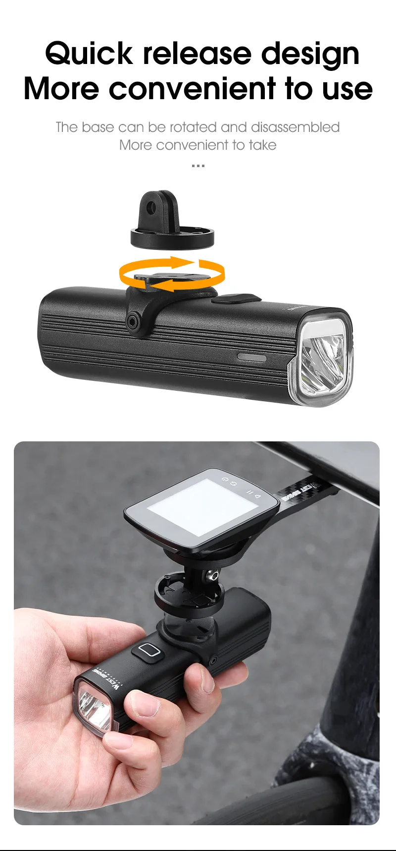 WEST BIKING Quick Release Hoisting Bicycle Light 1000LM High Bright Bike Headlight Type-C Charging Portable Cycling Flashlight