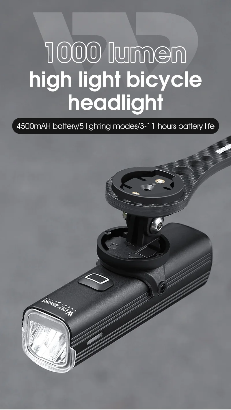 WEST BIKING Quick Release Hoisting Bicycle Light 1000LM High Bright Bike Headlight Type-C Charging Portable Cycling Flashlight