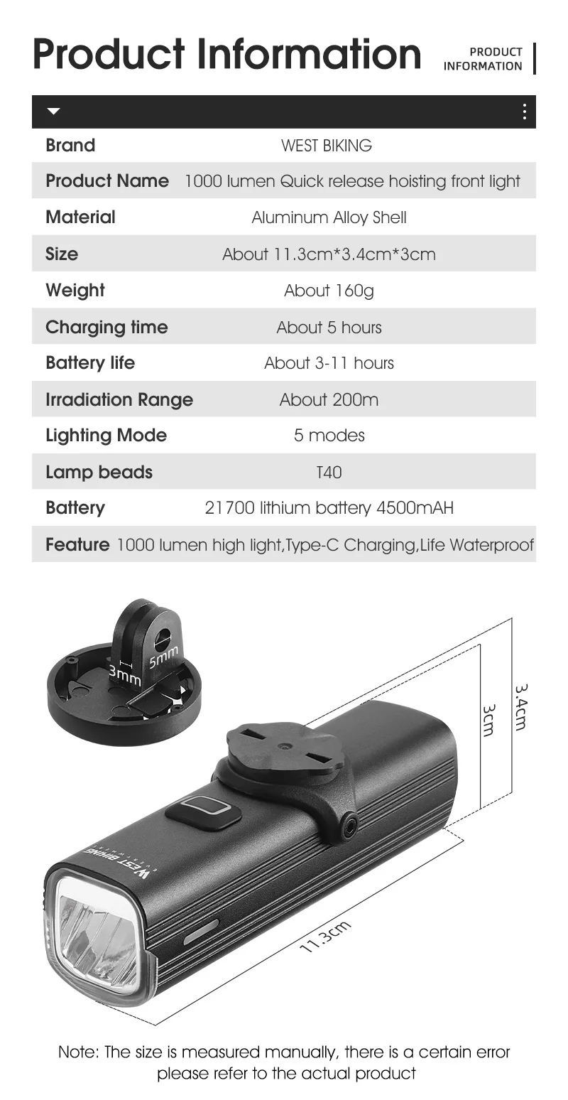 WEST BIKING Quick Release Hoisting Bicycle Light 1000LM High Bright Bike Headlight Type-C Charging Portable Cycling Flashlight