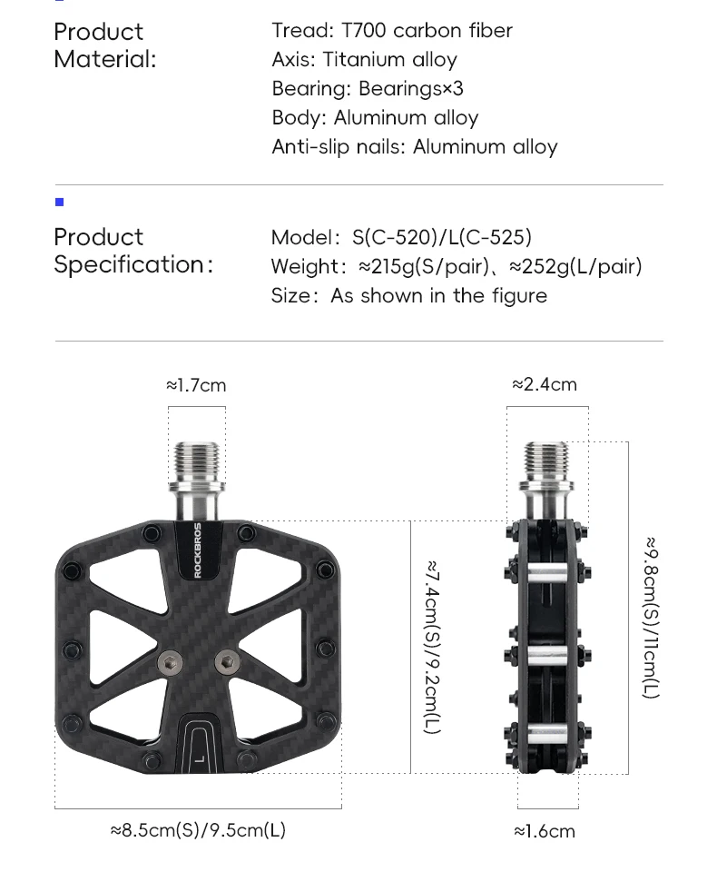 ROCKBROS Ultra-Light Carbon Fiber Pedals 3-Bearing MTB Bicycle Pedals Labor Saving Waterproof Anti-Slip Road Mountain Bike Pedal