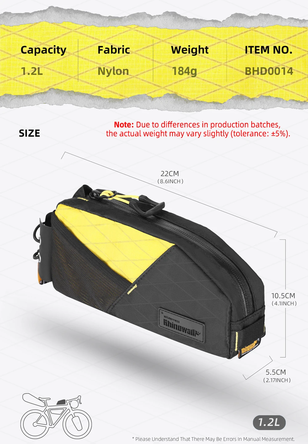 Rhinowalk Bike Top Tube Bag 1.2L/2.1L Water-Resistant Cycling Storage Luggage For MTB&Road Bike Packing Fit Larger Frame Length