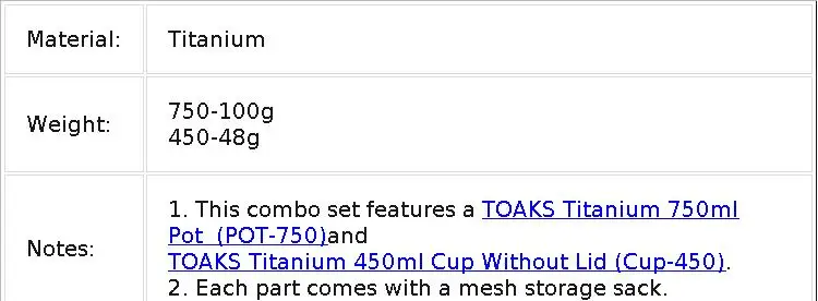 TOAKS Titanium 750ml Pot and 450ml Cup (Ultralight Version) Set Titanium Outdoor Tableware Camping Mug Pot