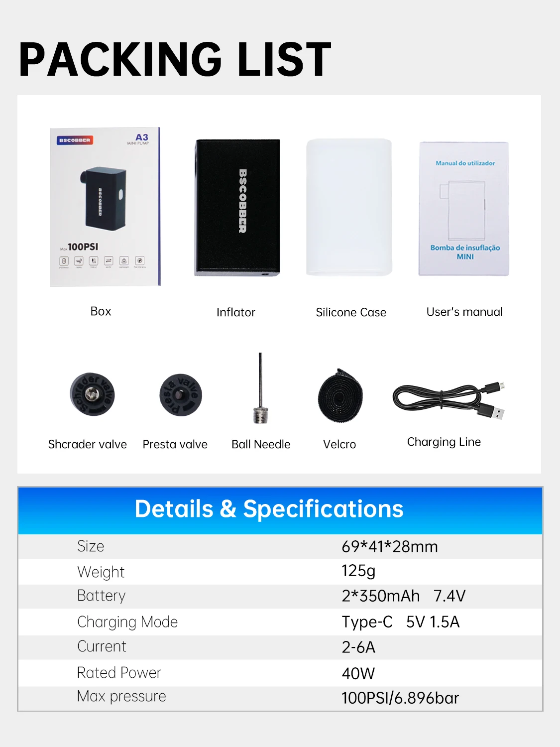 BSCOBBER Bike Accessories Electric Portable Air Pump Tyre Inflator Emergency Lamp 100PSI MTB Road Bike Powerbank