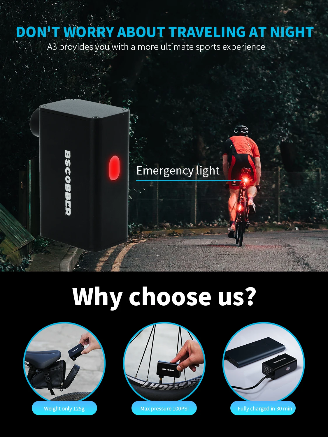 BSCOBBER Bike Accessories Electric Portable Air Pump Tyre Inflator Emergency Lamp 100PSI MTB Road Bike Powerbank