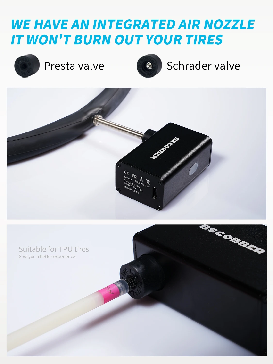 BSCOBBER Bike Accessories Electric Portable Air Pump Tyre Inflator Emergency Lamp 100PSI MTB Road Bike Powerbank