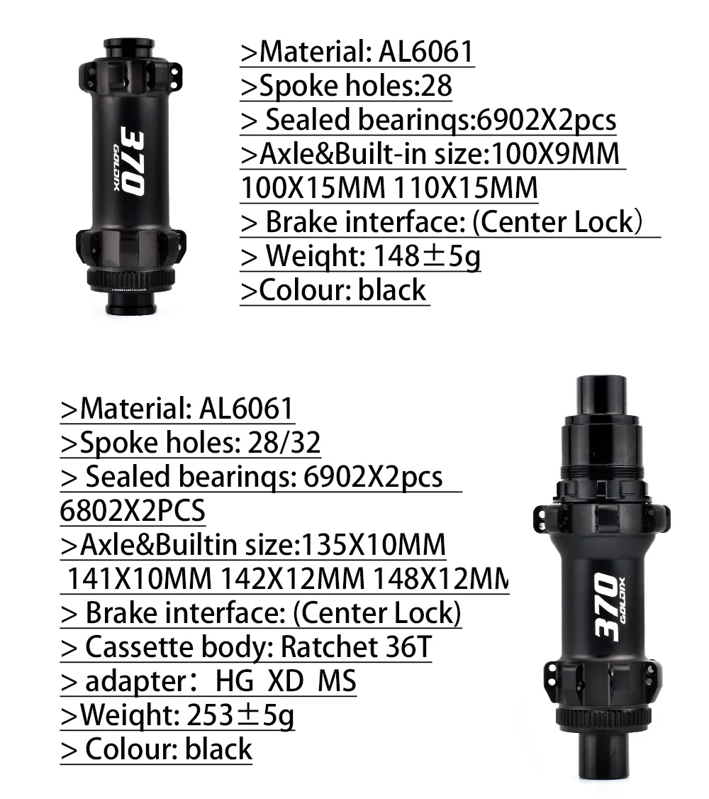 GOLDIX M370 MTB Hub Ratchet 36T 28 Hole Center Lock Disc Brake Straight Pull MTB Hub Thru/QR 148mm 141mm for SHIMANO SRAM