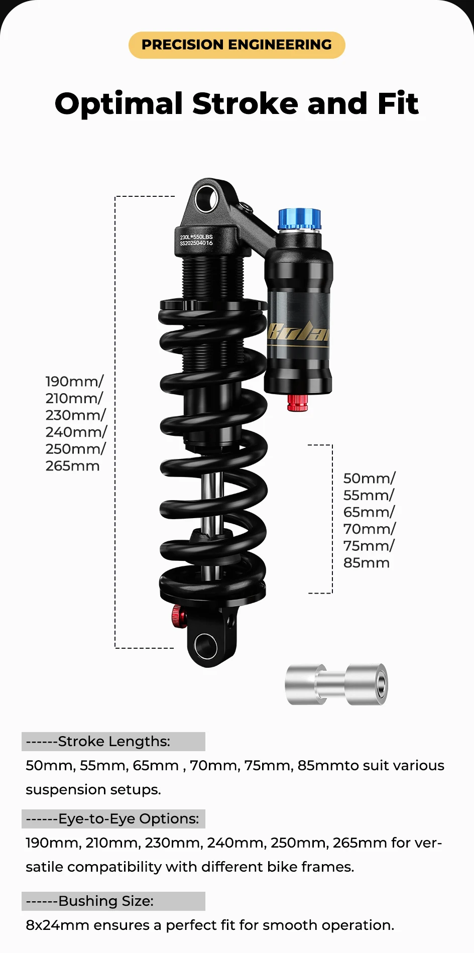 BOLANY Mountain Bike Rear Absorber 550lbs Spring Suspension Motorcycle Shock DH MTB Bicycle Rear Shock 190/210/230/240/250/265mm