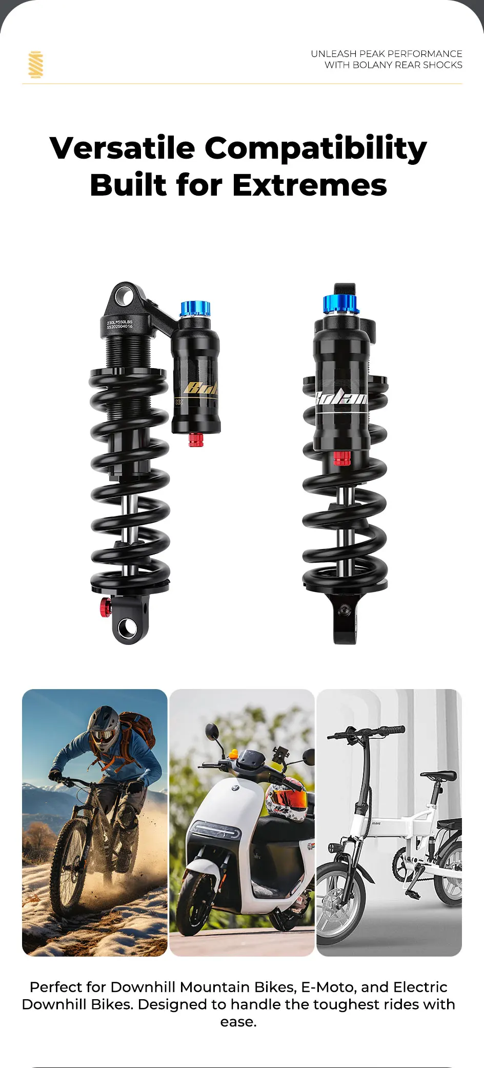 BOLANY Mountain Bike Rear Absorber 550lbs Spring Suspension Motorcycle Shock DH MTB Bicycle Rear Shock 190/210/230/240/250/265mm