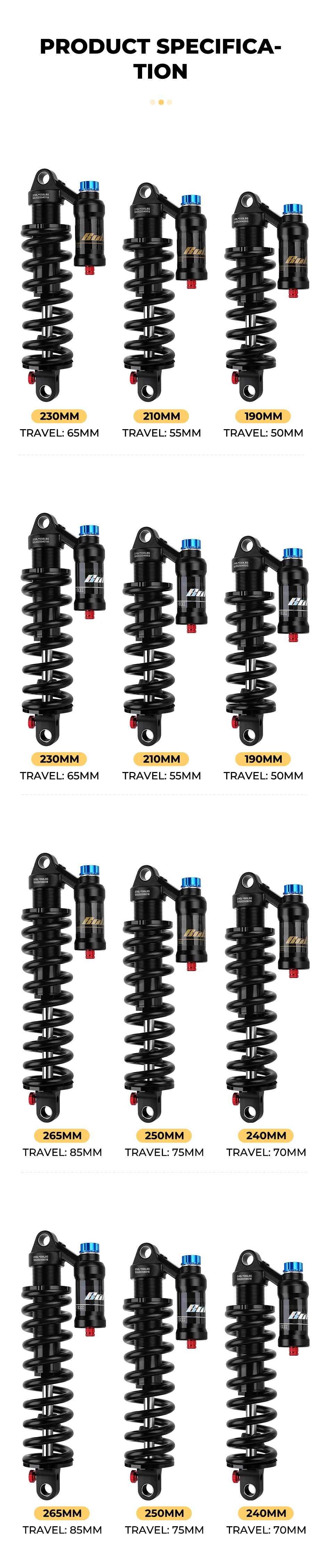 BOLANY Mountain Bike Rear Absorber 550lbs Spring Suspension Motorcycle Shock DH MTB Bicycle Rear Shock 190/210/230/240/250/265mm