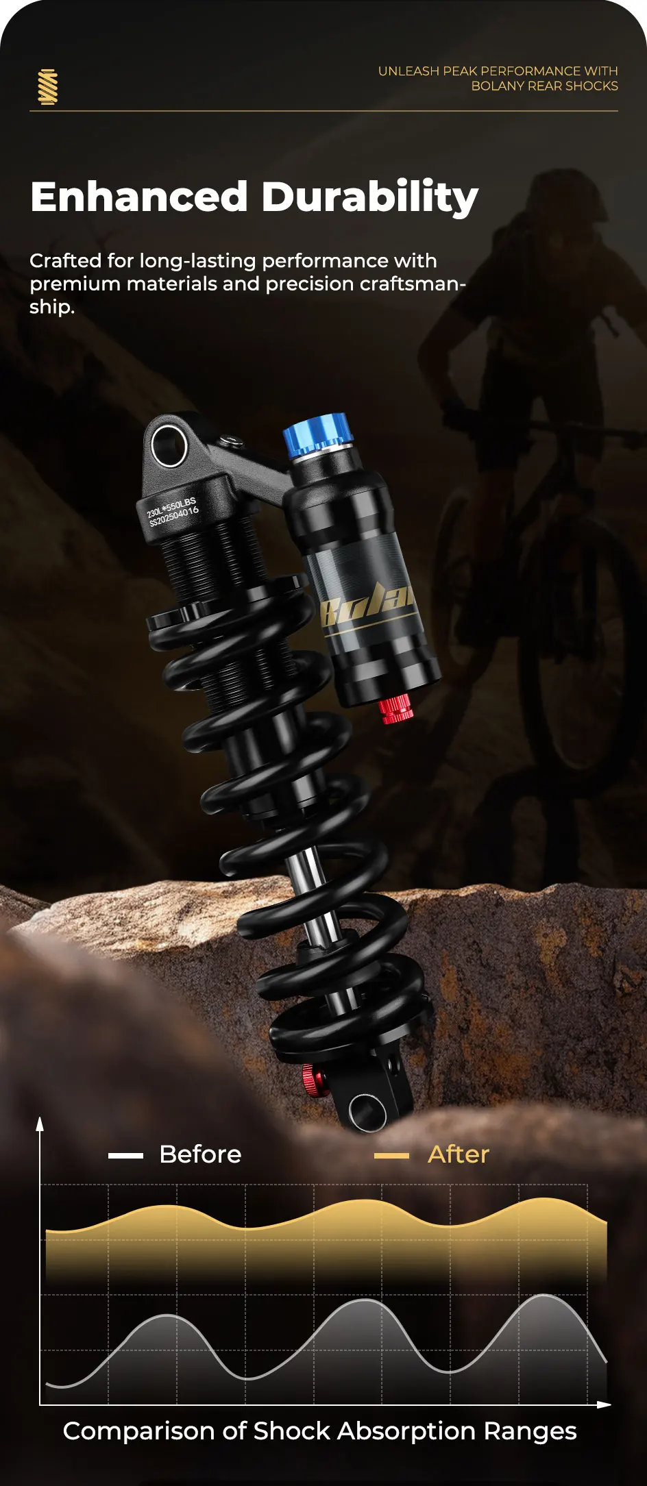 BOLANY Mountain Bike Rear Absorber 550lbs Spring Suspension Motorcycle Shock DH MTB Bicycle Rear Shock 190/210/230/240/250/265mm
