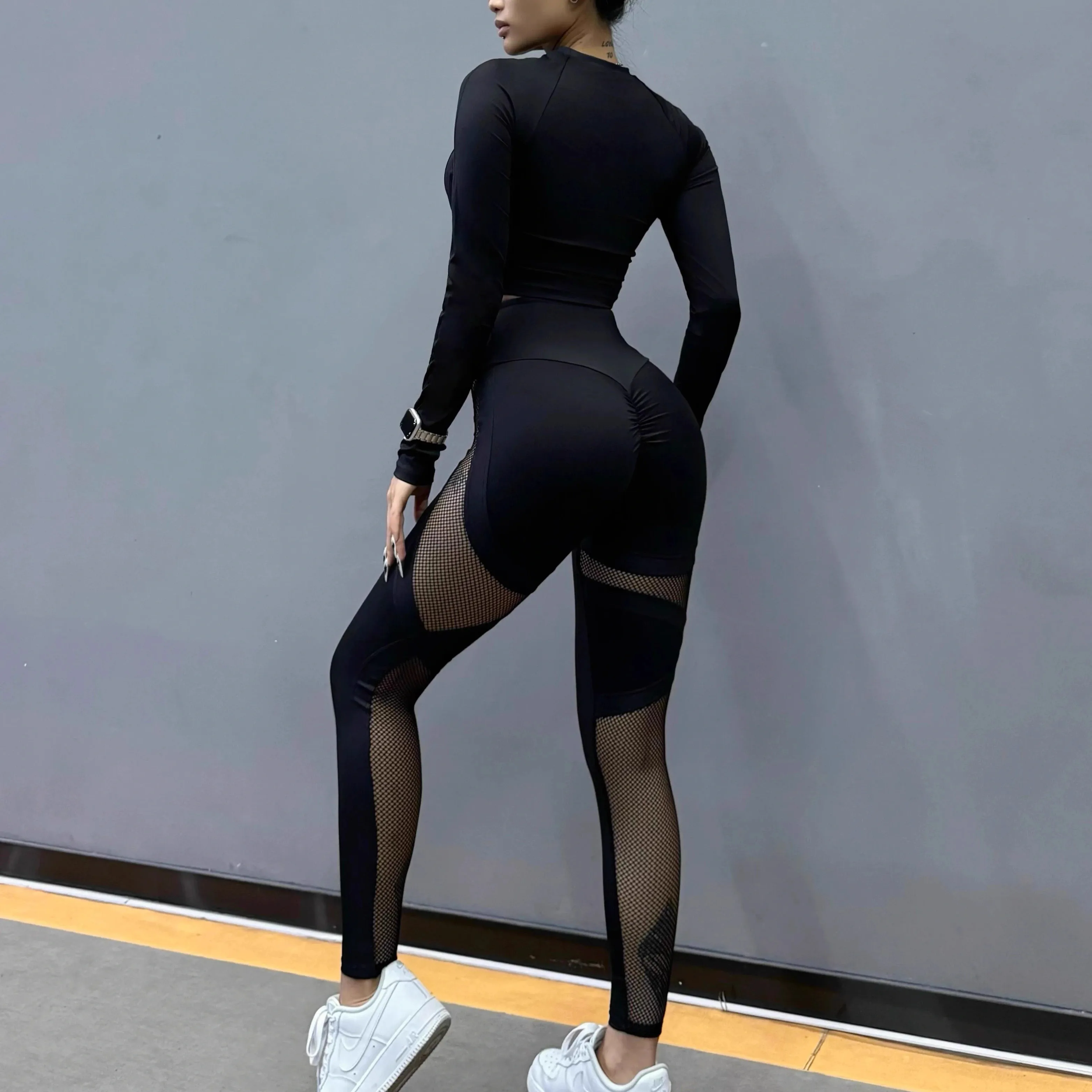 Autumn Women's Fitness Yoga Sport Top Long-Sleeved With Chest Pads Sexy Fishing Net Hollow Out Splicing Tight Slim High Elastic