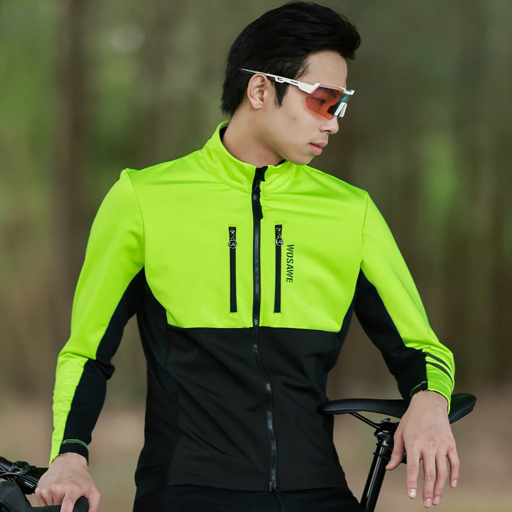 WOSAWE Men Cycling Jacket Autumn Winter Coats Thermal Fleece Windproof Bicycle Clothing Motorcycle Jackets with 2 way YKK Zipper