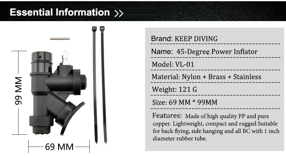 2026 New Summer Durable Power BCD Standard 1 inch Inflator Buoyancy Compensator Scuba Diving BCD 45-Degree Oral Power Inflator
