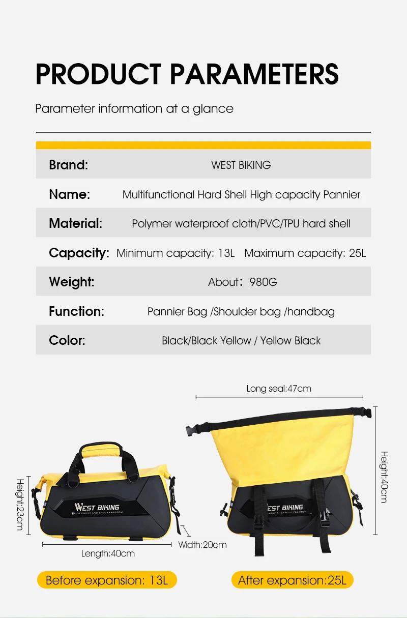 WEST BIKING Waterproof Expandable Bike Pannier Bag Hard Shell Bicycle Rear Rack Trunk Bag with Shoulder Strap for MTB Cycling
