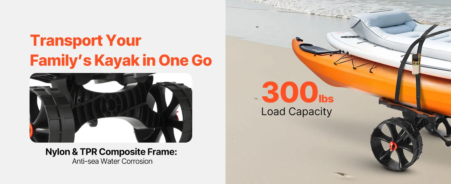 SucceBuy 300 lbs Kayak Cart Foldable Canoe Trolley with 10in Solid Rubber Tires & Ratchet Strap for Carrying Paddleboards Boats