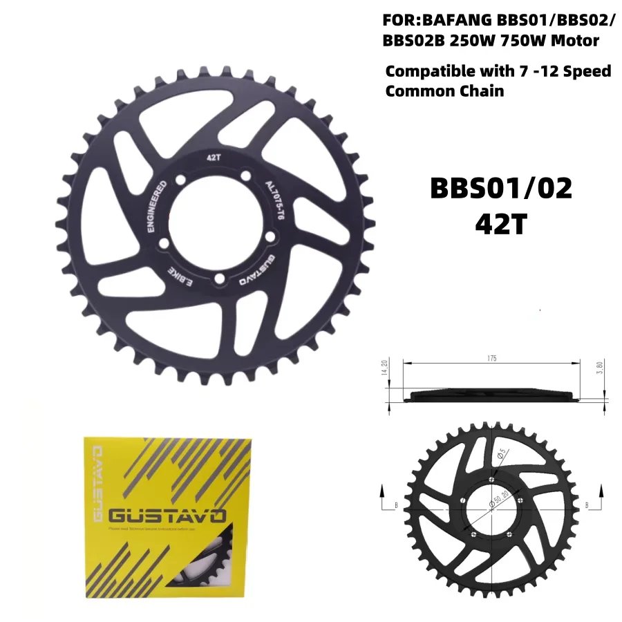 GUSTAVO Electric Bike Chain Wheel Chainring Blade for BAFANG BBS01 BBS02 Mid Drive Motor Sprocket 36/38/40/42/44/46/48/52T