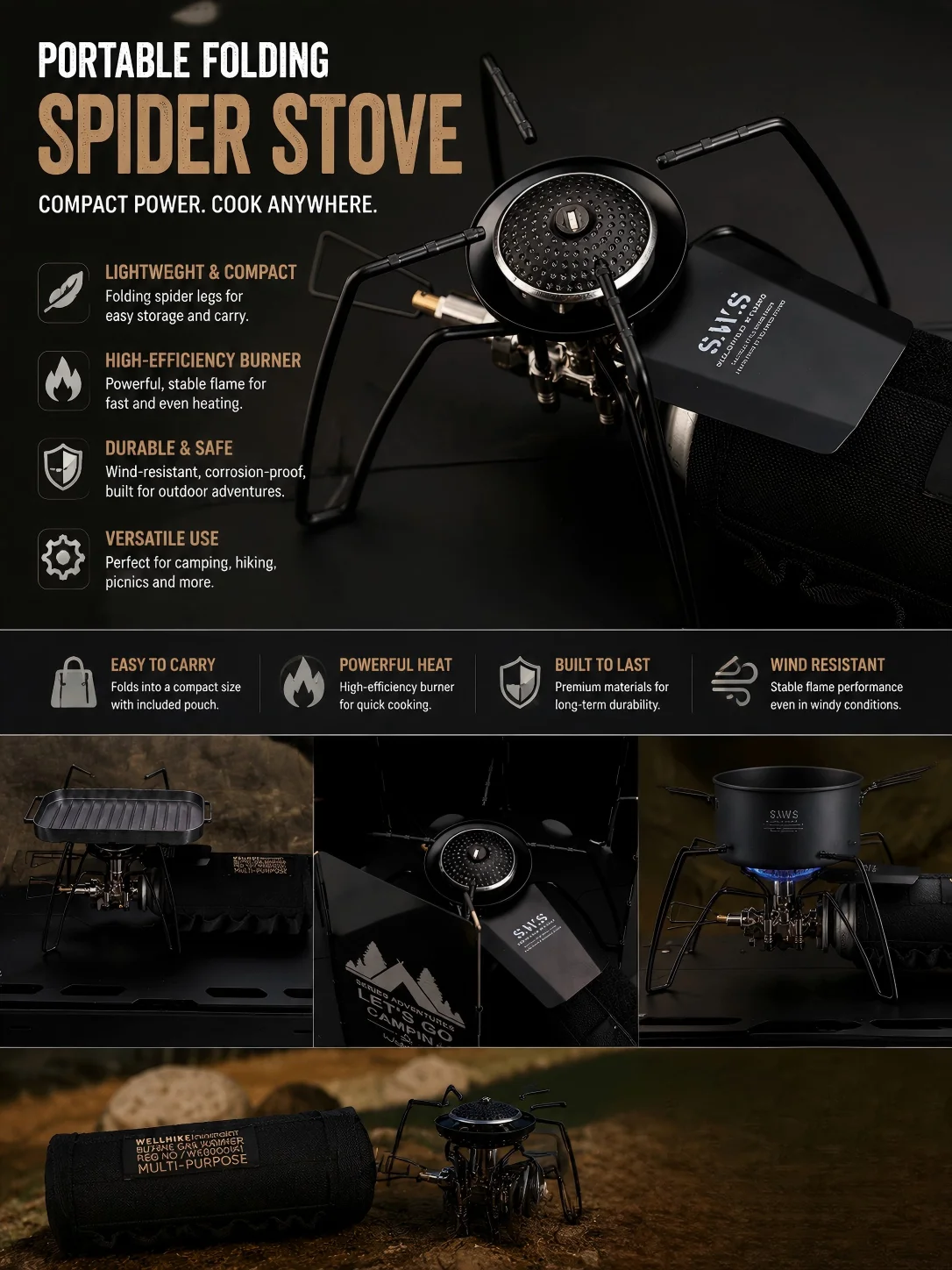 WELLHIKE Portable Folding Black Spider Gas Stove Camping Card Stove Outdoor Kitchenware for Picnic Barbecue Backpacking Cooking