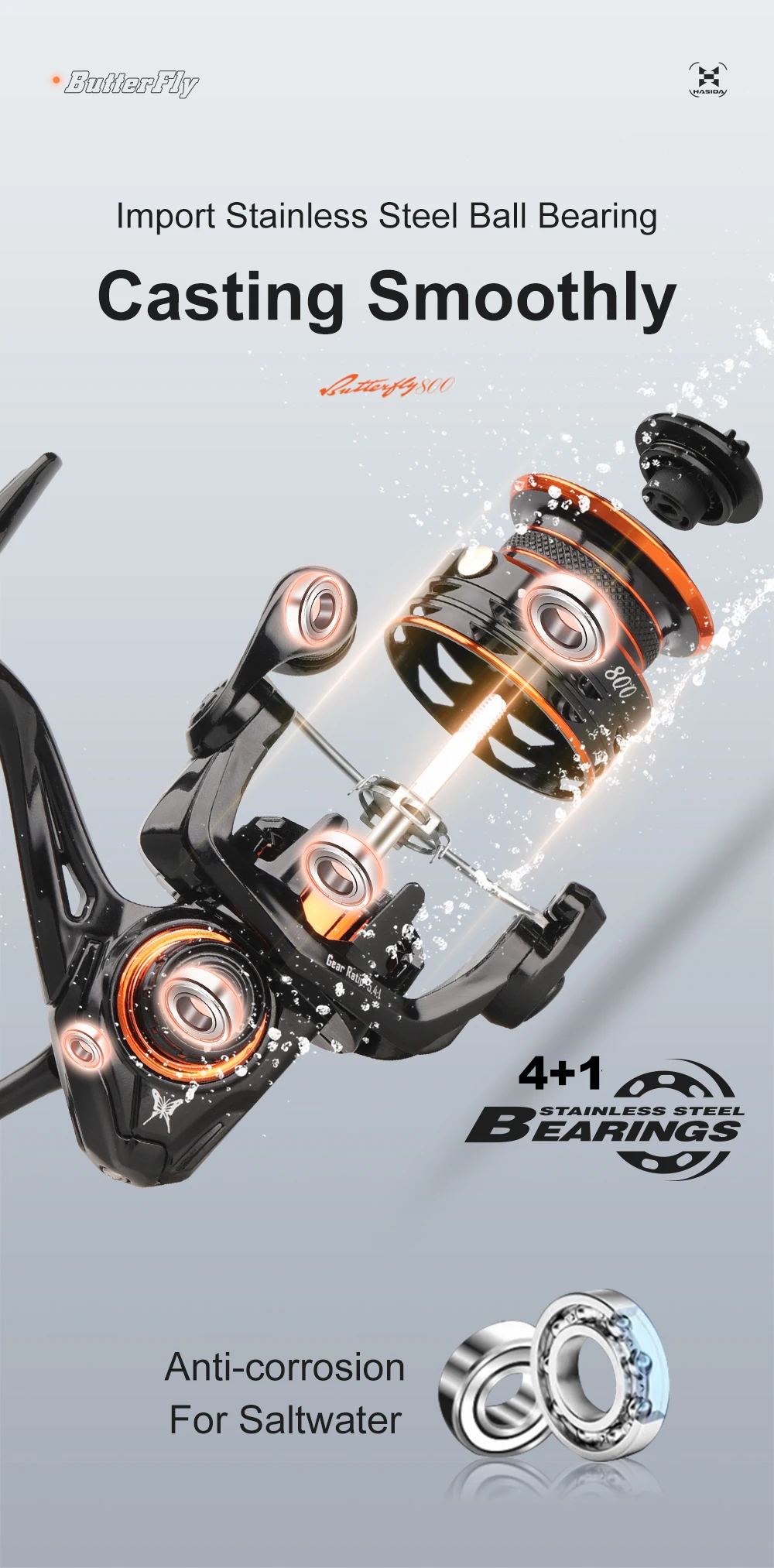 HASIDA Hot Sale Butterfly BFS Spinning Reel Compact Body High Strength Main Frame Long Casting Low Resistance Light Fishing Reel