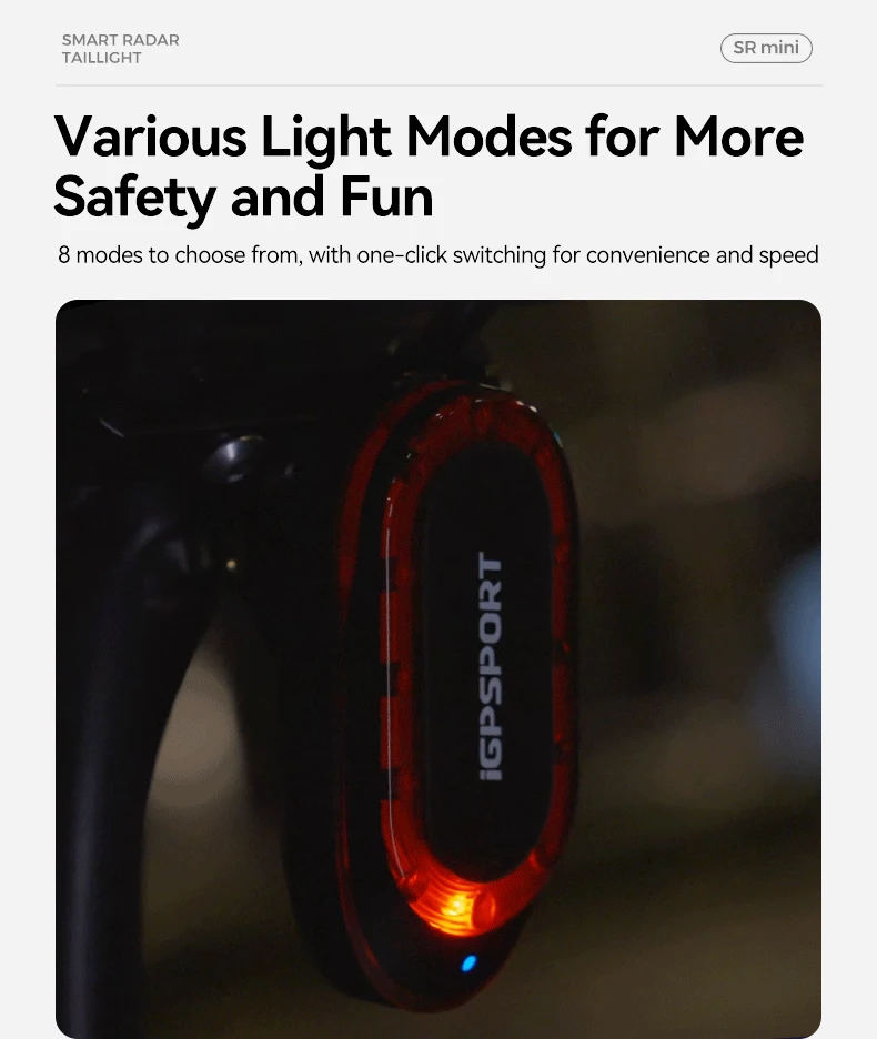 iGPSPORT SRmini Radar Tail Light Smart Rear Bike Light Brake Warning IPX7 Waterproof Cycling Taillight 7 Light Modes Tail Lamp