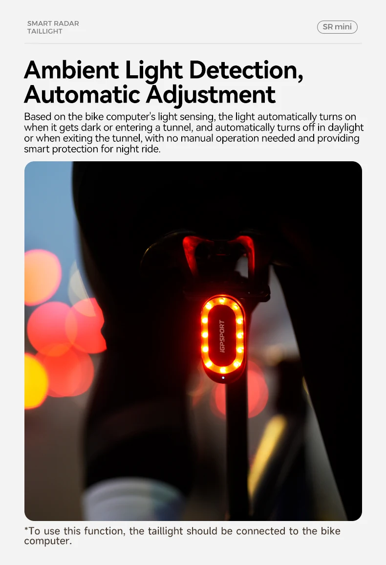 iGPSPORT SRmini Radar Tail Light Smart Rear Bike Light Brake Warning IPX7 Waterproof Cycling Taillight 7 Light Modes Tail Lamp