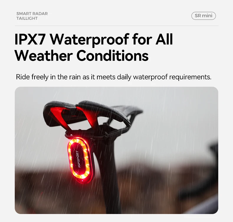 iGPSPORT SRmini Radar Tail Light Smart Rear Bike Light Brake Warning IPX7 Waterproof Cycling Taillight 7 Light Modes Tail Lamp