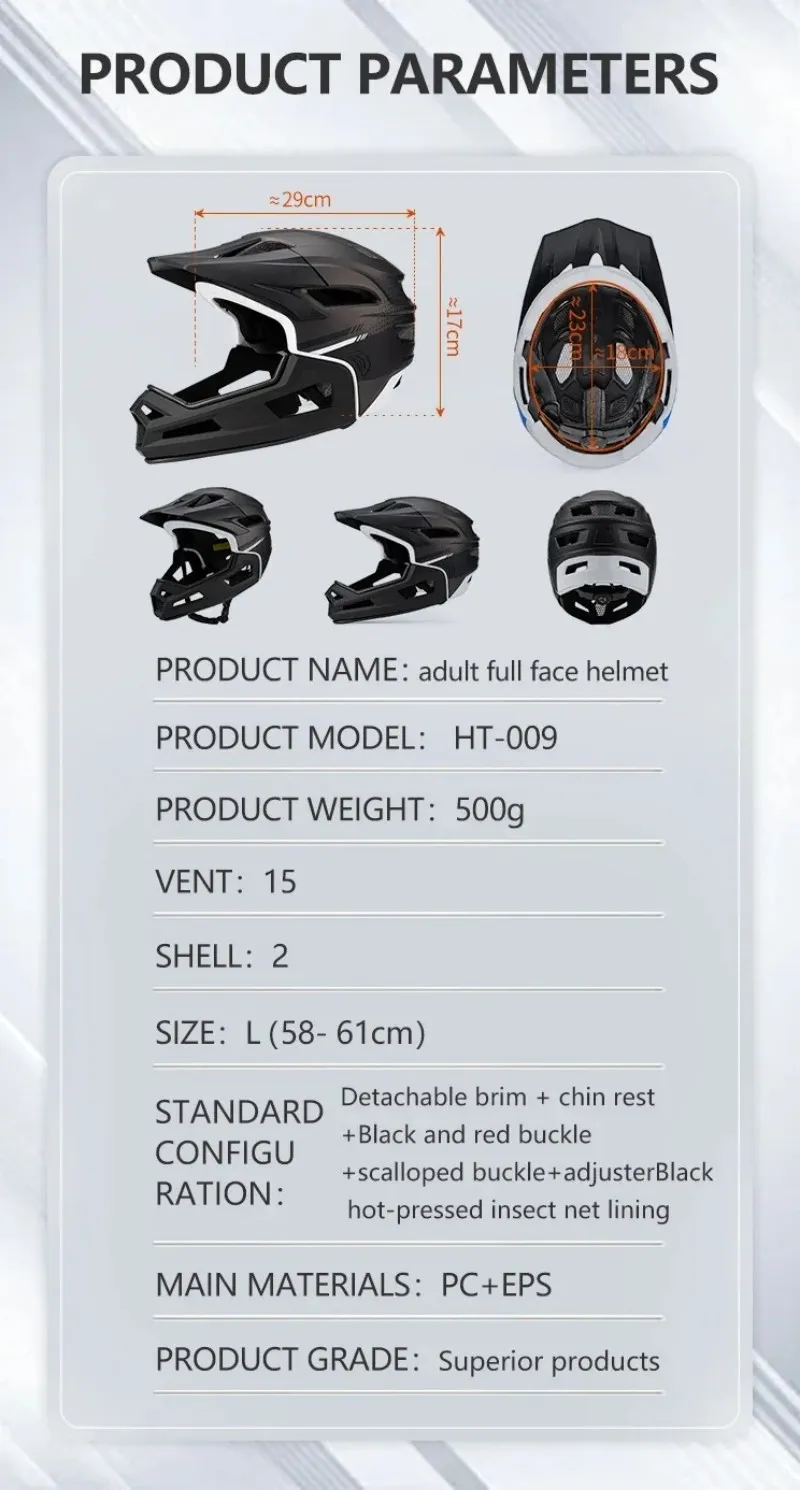 MTB Full Face Bicycle Helmet with Removable Chin Adults Mountain Bike Helmets for Men Women PC+EPS Protection XC Off-road Caps