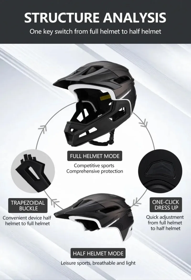 MTB Full Face Bicycle Helmet with Removable Chin Adults Mountain Bike Helmets for Men Women PC+EPS Protection XC Off-road Caps