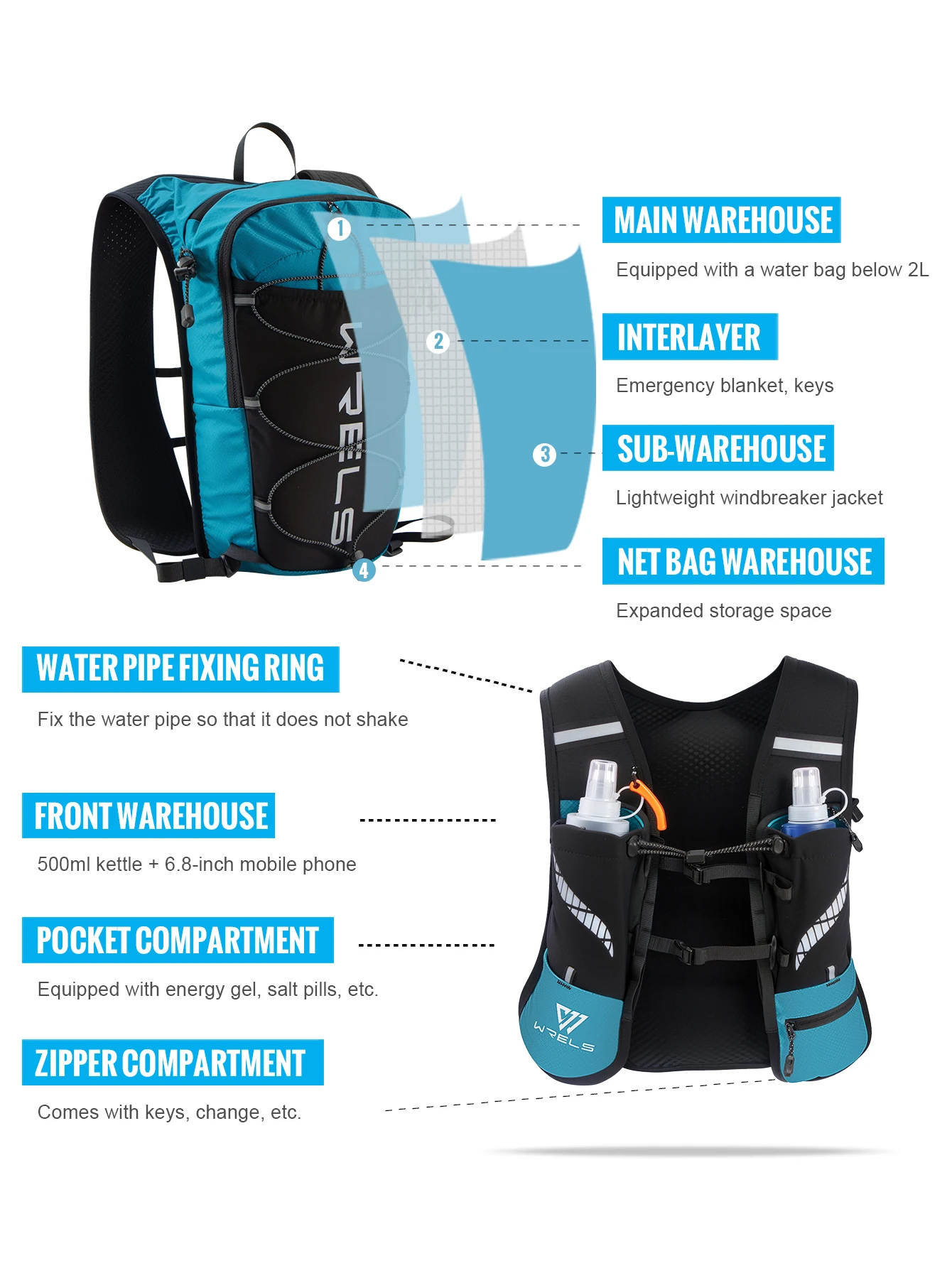 WRELS 8L Running Hydration Vest Backpack Trail Racing Marathon Hiking Fitness Bag Ultralight Backpack Hydration Vest Pack