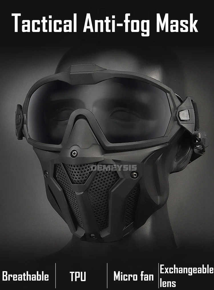 Tactical Full Face Mask Anti-fog Fan Shooting Safety Protective Equipment Hunting Airsoft Paintball Detachable Goggles Masks Set