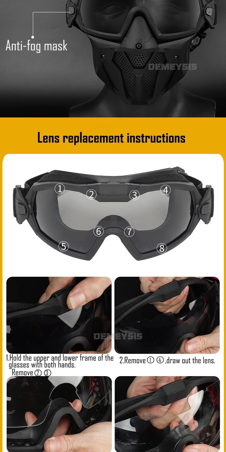 Tactical Full Face Mask Anti-fog Fan Shooting Safety Protective Equipment Hunting Airsoft Paintball Detachable Goggles Masks Set