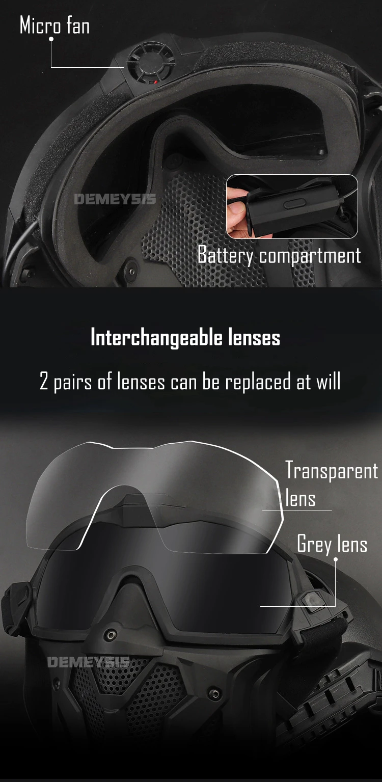 Tactical Full Face Mask Anti-fog Fan Shooting Safety Protective Equipment Hunting Airsoft Paintball Detachable Goggles Masks Set