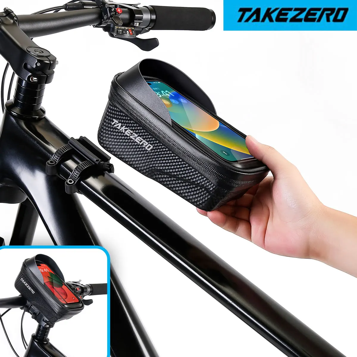 TAKEZERO A2X Bicycle Phone Bag Hard Shell Quick Release TPU Touchscreen Window Sun Hood Zipper Storage Adjustable Bracket