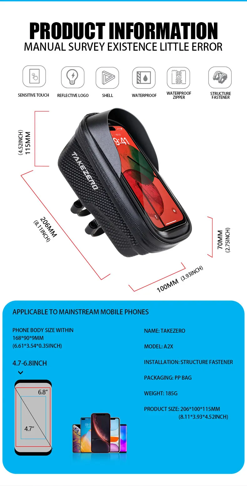 TAKEZERO A2X Large-capacity Road and Mountain Bike Touchscreen Phone Hard-shell Bag, Cycling Storage Quick-release Top Tube Bag