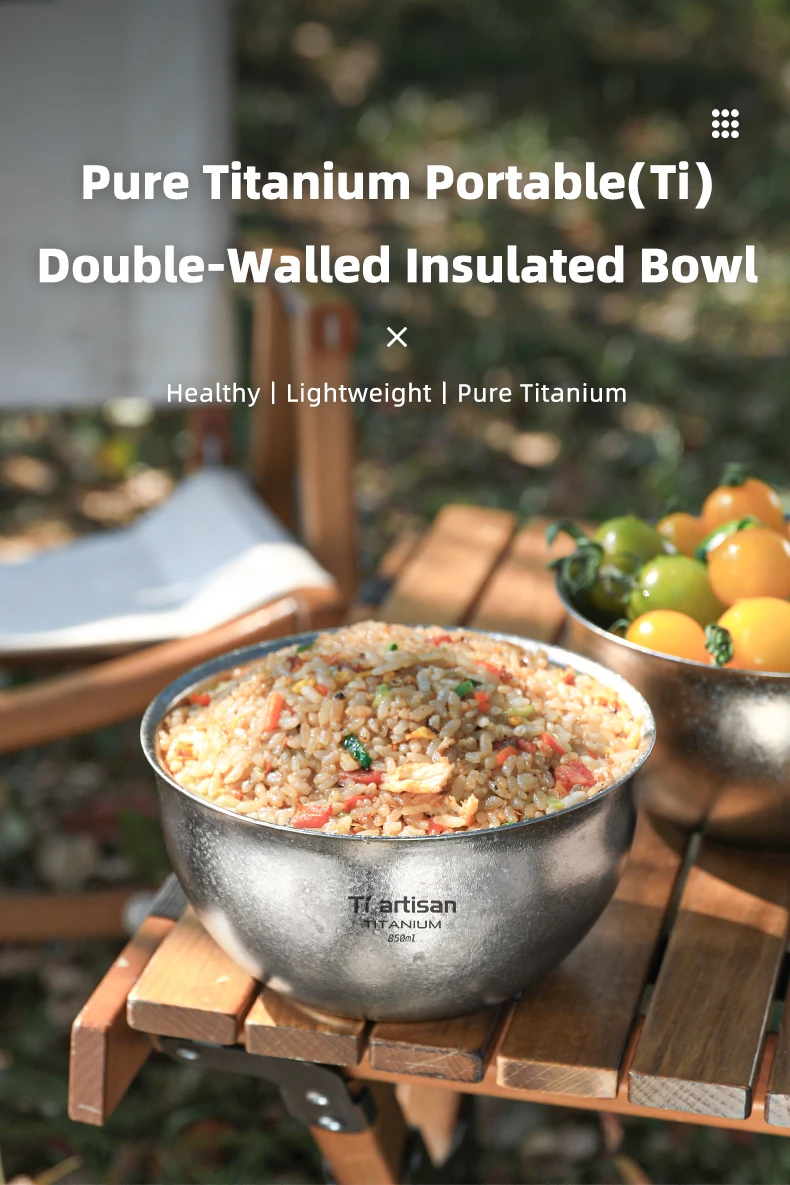 Tiartisan Pure Titanium Ultralight Camping Bowl 850ml Double Layer Non-Scalded Soup Bowl Outdoor Picnic Portable Food Container