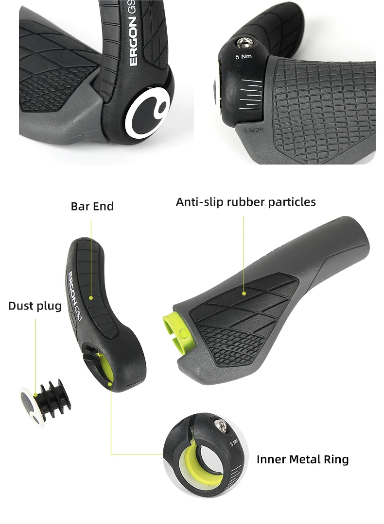 ERGON GS3 Bicycle Handlebar Grip Anti-slip Rubber Grips MTB Cycling Handle Grips Bike Bar End Adjustable Mount Hand Covers 5Nm