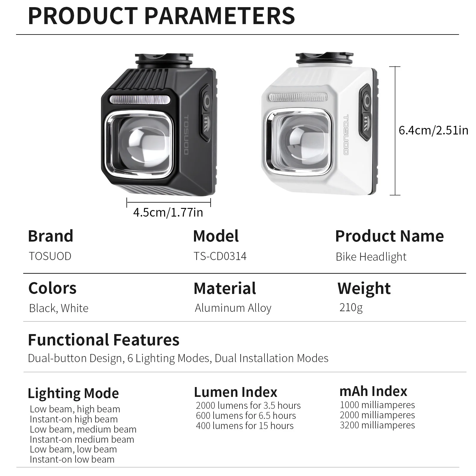 TOSUOD Bicycle Headlight 2000 Lumens 3200mAh Power Type-C Charging Bike LED Flashlight Waterproof 6 Modes Cycling Headlight