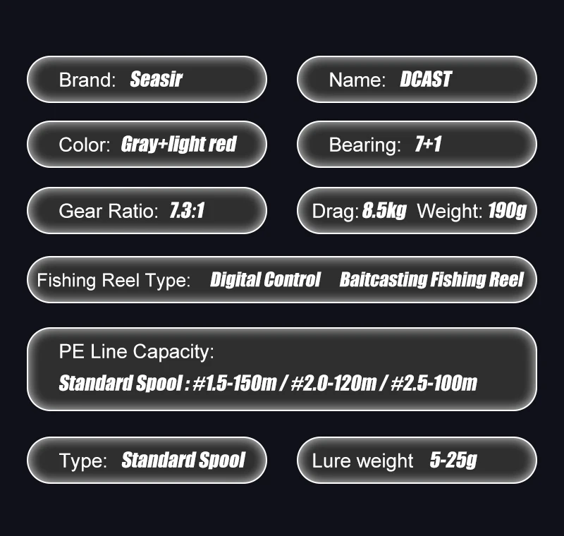 Seasir Dcast Dc Fishing Reel Digital Control Long Cast 7.3:1 7+1BB Max Drag 8.5kg Fresh Saltwater Reel Baitcasting Fishing Coil