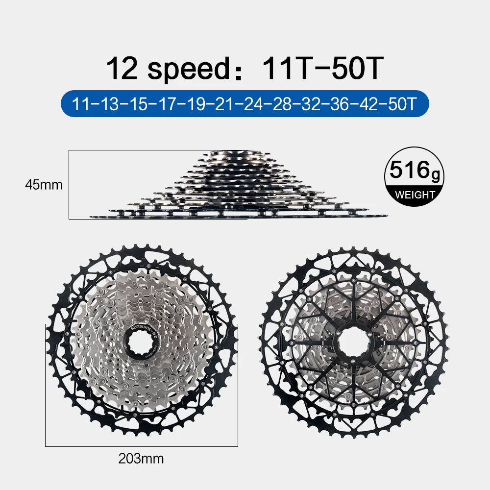 Sunshine 9/10/11/12S 11T-40/42/44/45/46/48/50/52T Hollow Ultralight Mountain Bike Cassette for M4100/5100/6100 HG MTB Flywheel