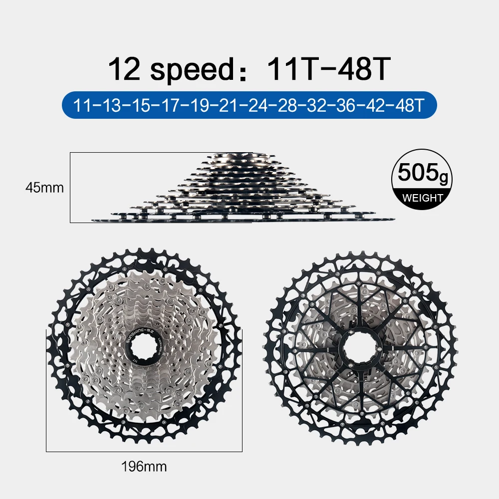 Sunshine 9/10/11/12S 11T-40/42/44/45/46/48/50/52T Hollow Ultralight Mountain Bike Cassette for M4100/5100/6100 HG MTB Flywheel