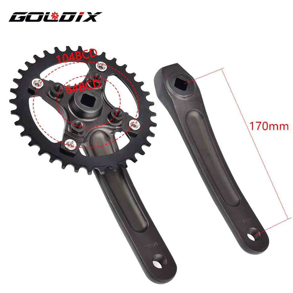 GOLDIX Square Hole Bicycle Crankset Aluminum Alloy MTB Crank 165/170/175mm Length Narrow Wide Teeth 104BCD 32/34/36/38/40/42T