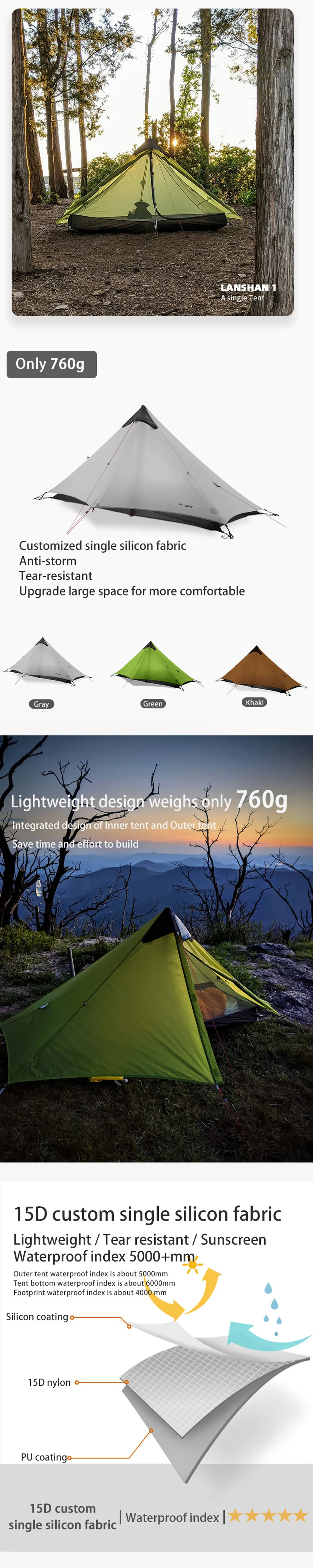 3F UL GEAR LanShan 1 Outdoor Ultralight Camping Tent 1 Person 3 Season Professional 15D Silnylon LanShan1 Rodless Tent