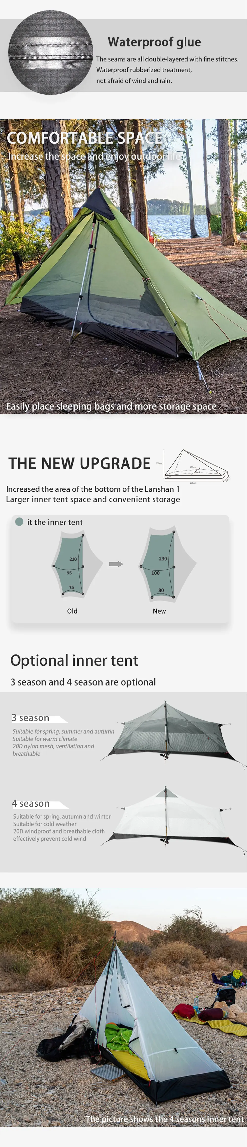 3F UL GEAR LanShan 1 Outdoor Ultralight Camping Tent 1 Person 3 Season Professional 15D Silnylon LanShan1 Rodless Tent