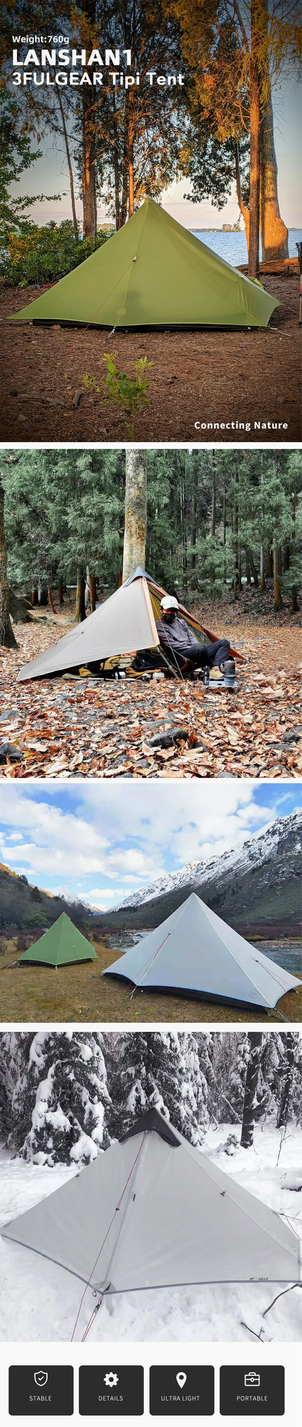 3F UL GEAR LanShan 1 Outdoor Ultralight Camping Tent 1 Person 3 Season Professional 15D Silnylon LanShan1 Rodless Tent