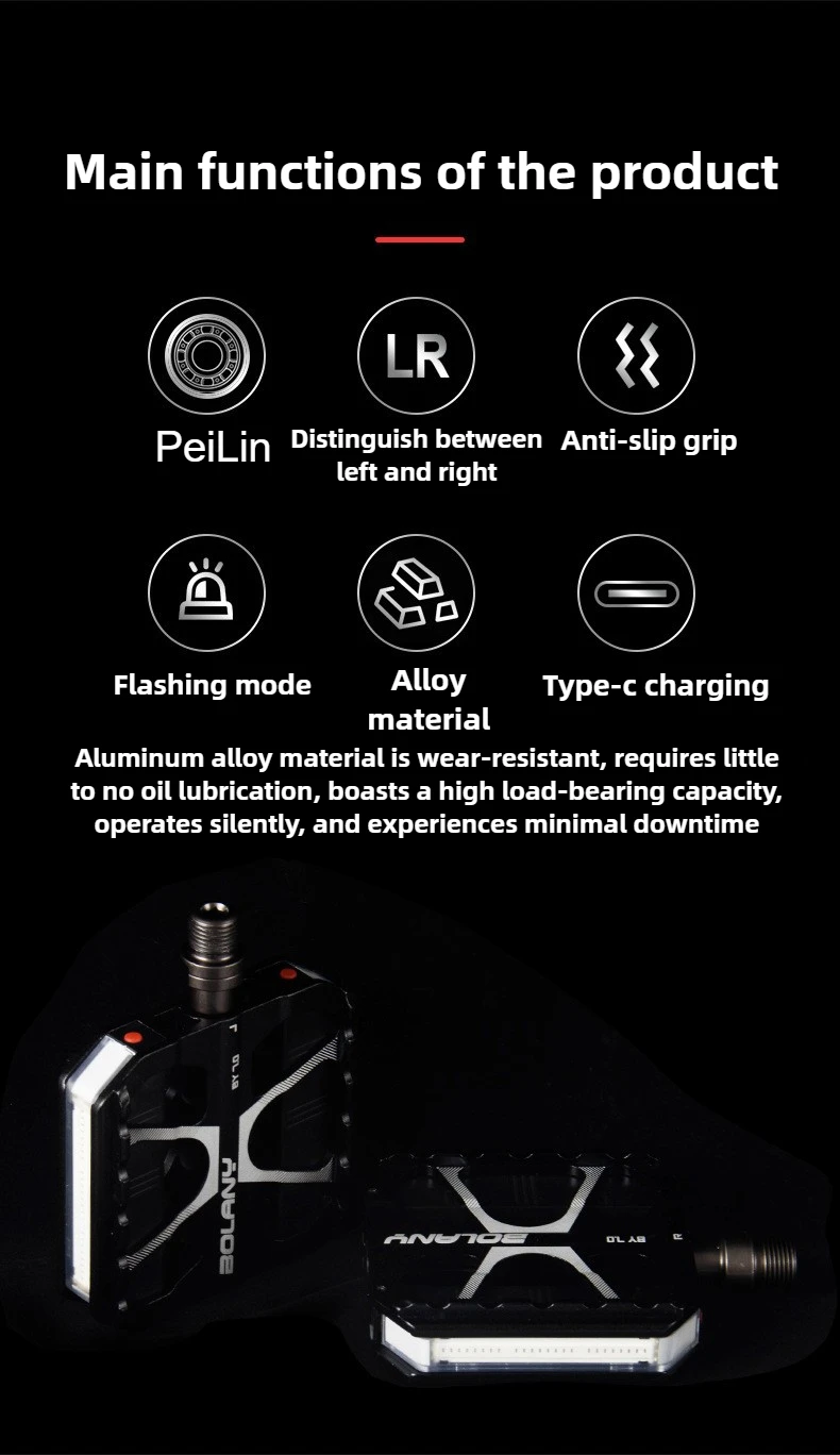 Aluminum Mtb Platform Pedals 3 Bearings Nonslip Lightweight Wide Black Bicycle Pedals with Light for MTB Road Touring Bicycle