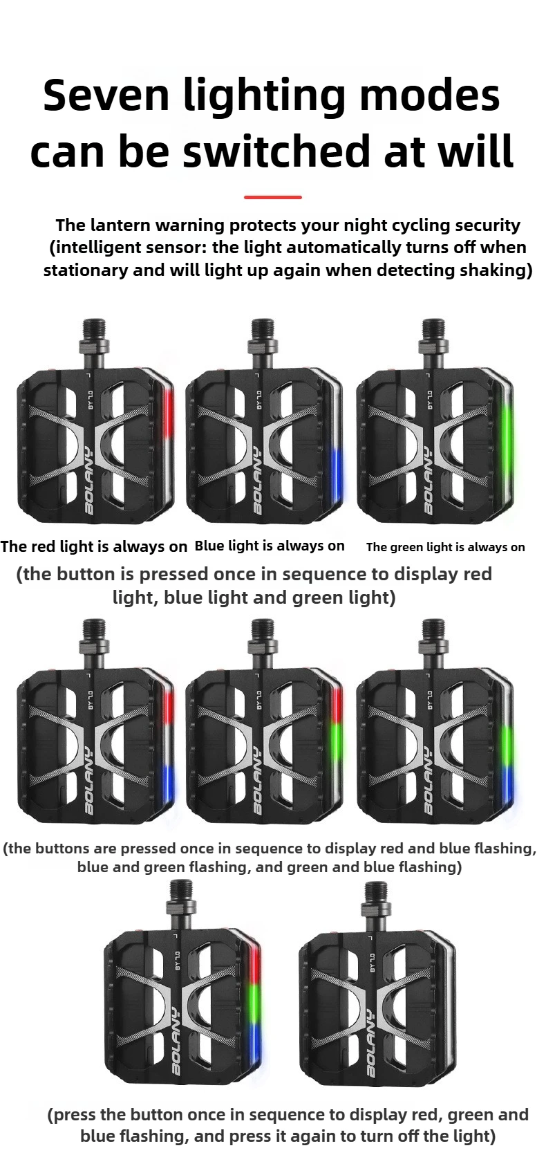 Aluminum Mtb Platform Pedals 3 Bearings Nonslip Lightweight Wide Black Bicycle Pedals with Light for MTB Road Touring Bicycle