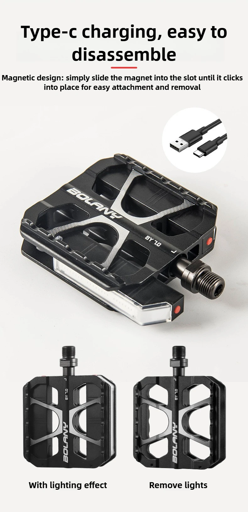 Aluminum Mtb Platform Pedals 3 Bearings Nonslip Lightweight Wide Black Bicycle Pedals with Light for MTB Road Touring Bicycle