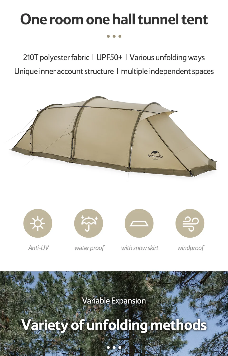 Naturehike Aries Alpha Tunnel Tent Waterproof PU2000 Camping Outdoor Travel Large Space Tent Picnic Hiking Fishing Resting Camp