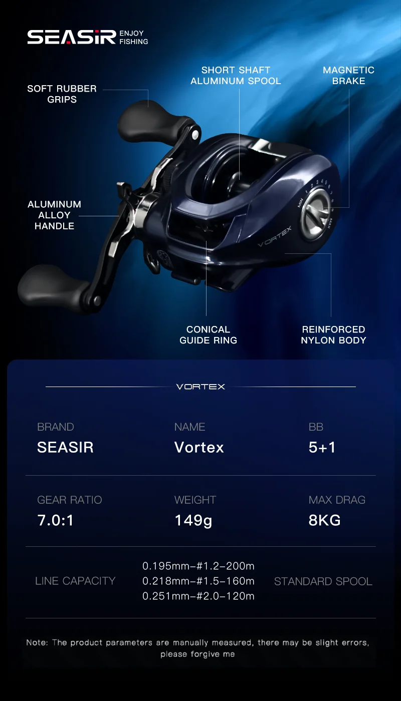 Seasir Vortex 149g Baitcasting Reel 7.0:1 High Speed Gear Ratio 5+1BB Max Drag 8kg Fresh Saltwater Fishing Coil